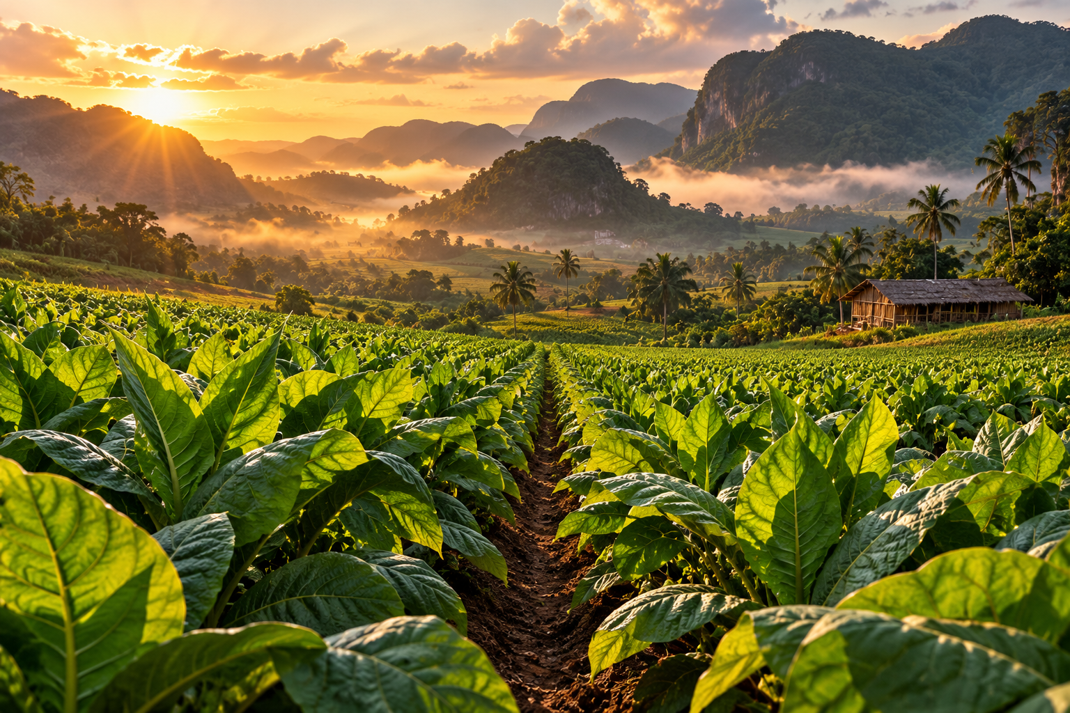 Golden tobacco valley at sunset in the Dominican Republic
