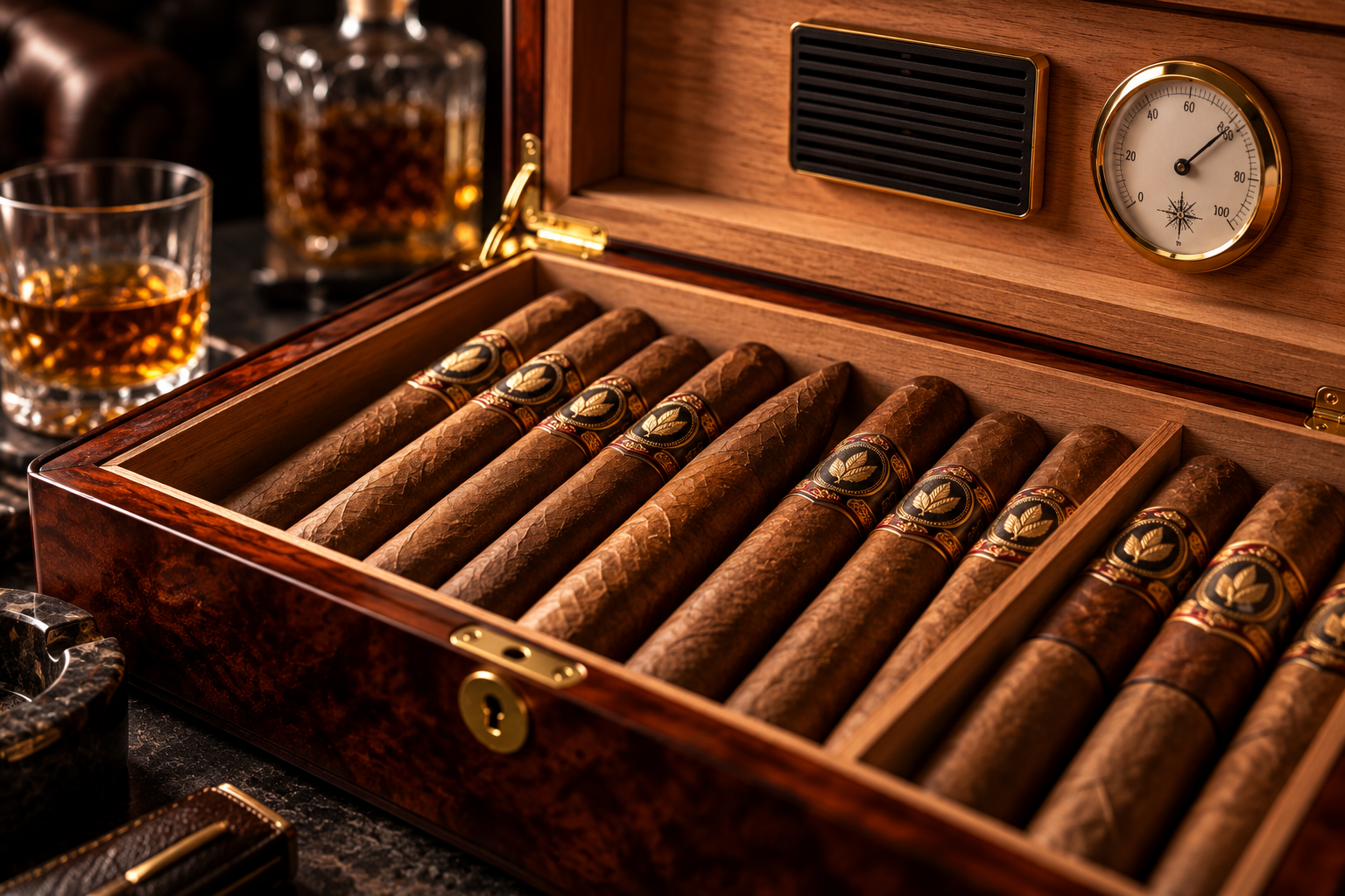 Luxury Spanish cedar humidor with premium cigars